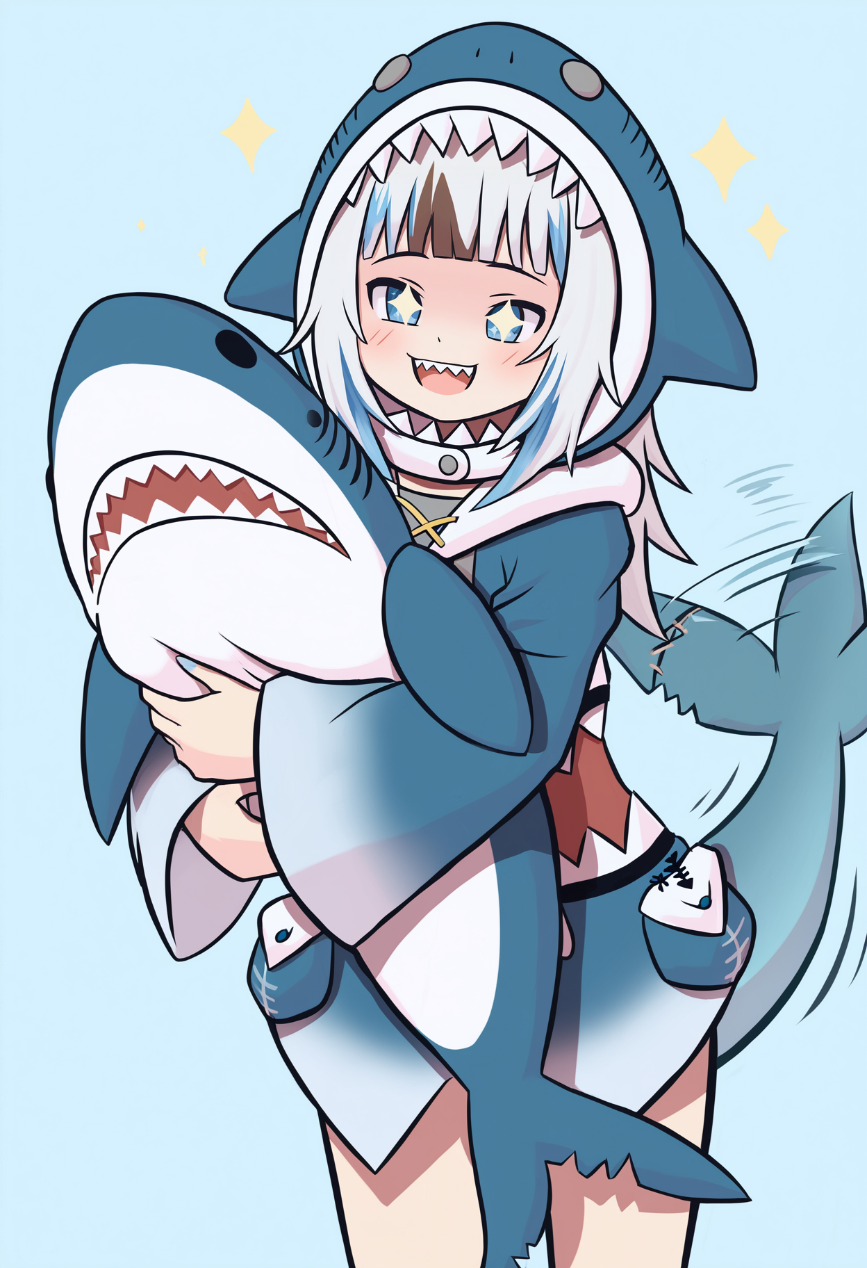 gawr gura, gawr gura \(1st costume\), 1girl, animal hood, blue background, blue eyes, blue hair, blue hood, blunt bangs, brown hair, fins, fish tail, holding, hood, ikea shark, multicolored hair, shark girl, shark hood, shark tail, simple background, sparkle, sparkling eyes, streaked hair, stuffed animal, stuffed shark, stuffed toy, tail, tail wagging, too many, virtual youtuber,
, masterpiece, best quality, good quality,
<lora:duhota_noob_vpred-1.0_edm2_v1:1>
