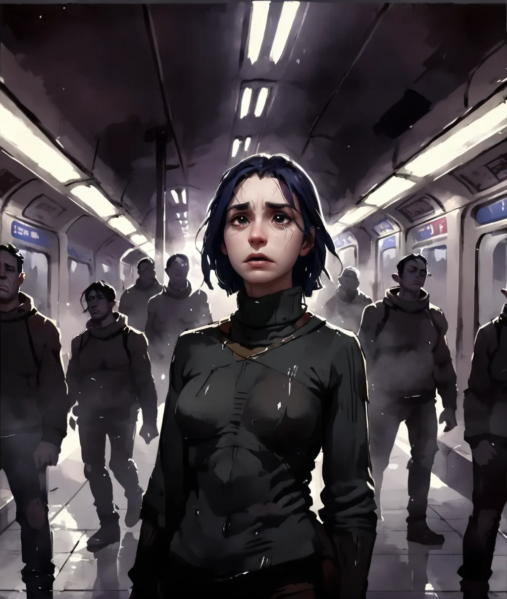 cinematic shot of a sad depressed woman standing in the metro, turtleneck sweater, harbingers style <lora:Harbingers Style v1.1 SDXL :1>