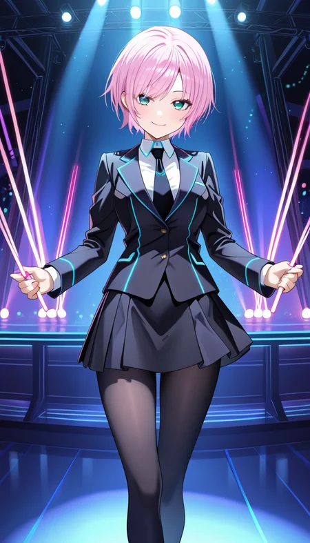 masterpiece, best quality, very aesthetic, absurdres,
solo, 1girl,
nijiriri, blue eyes, green eyes, pink hair, short hair,
smirk,
danceing,
in night club, rave, music, colorful lights, School Uniform, black pantyhose,laser lights, neon,