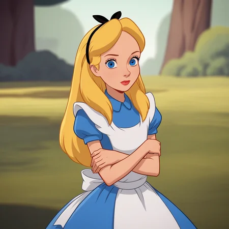 score_8_up, BREAK, Alice, 1girl, solo, blonde hair, long hair, blue eyes, headband, ribbon hairband, blue dress, apron, short sleeves, <lora:AliceInWonderland_PXL_Leaf1:0.8>, looking at viewer, outdoors, portrait, crossed arms,