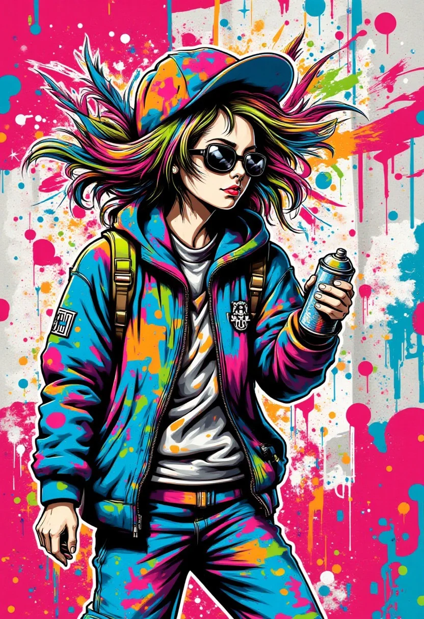 Stylized digital graffiti drawing, A vibrant poster, influenced by the pop-art aesthetic of Andy Warhol, features a female graffiti artist in action, her spray can leaving a trail of colorful chaos across a stark urban wall. Her attire is a mishmash of street fashion and her wild hair is a swirl of vibrant hues, mirroring the energy and freedom of her art. Urban art, rebellious, dynamic, pop art, illustration.