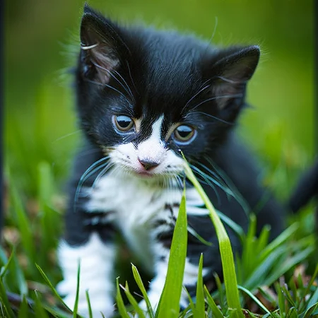 <lyco:Kitty:1.0> black and white small Kitten in the green grass, realistic, photo