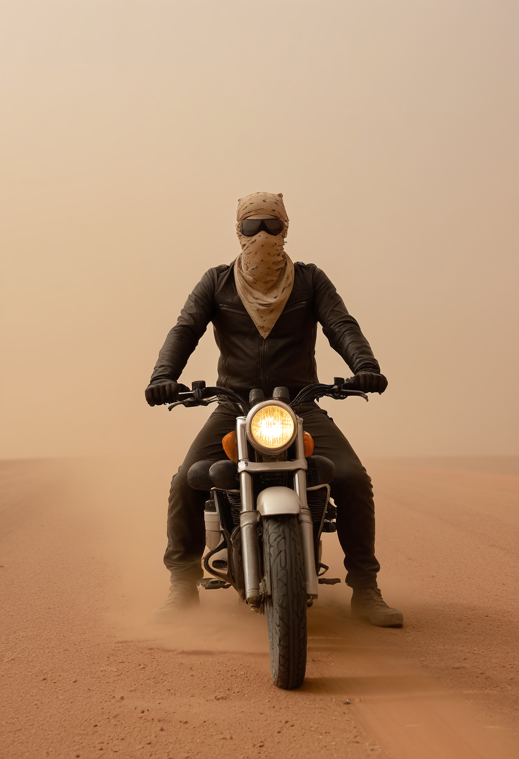 1man, lone motorcyclist stalled on desert road under sandstorm sky, bandana covering mouth, goggles fogged, bike partially buried in dust, dramatic ochre light, horizon vanishing in thick haze