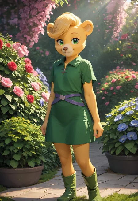 (masterpiece:1.5), best quality, ultra-detailed, (high res), cinematic lighting, beautiful lighting, high quality, studio quality, detailed, insanely detailed, extreme detail, refined detail, perfect detail, max detail, smooth lighting, detailed background, hyper detailed body, beautiful lighting, vibrant lighting, global illumination, absurdres, high-res, dynamic lighting, score_9, score_8_up, score_7_up, ponypositive, 1girl, solo, solo focus, looking at viewer, (narrow waist, skinny, slender body, slim), (outdoors, floral garden), bright lighting, daylight, sunshine, cute, kawaii, (closed mouth), happy, ((standing)), alone, gleaming eyes, big eyes, ((cowboy shot)), (arms at sides), perfect eyes, perfection, sunni gummi, anthro, bear girl, blonde hair, yellow fur, yellow body fur, green eyes, green tunic, green boots, buckled waistband, ear tuff, blue flowers, daytime, Blue sky, clouds, perfect paws, sweeping bangs, cat paws, detailed paws, fluffy fur, (not human), 3D blender, smile, posing, (close up), chibi,