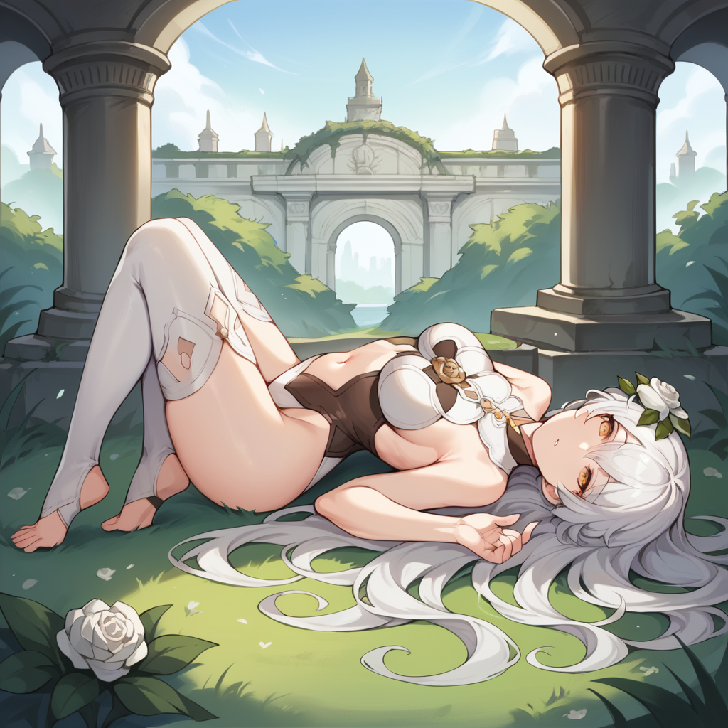score_9_up, score_8_up, score_7_up, score_6_up, source_anime, 1girl, solo, HoV, HoV_Magic, masterpiece, best quality, sun light, face focus, perfect face, lying on back on grass, looking at you, from side, full body, seductive, parted lips, toeless footwear, long hair, white hair, yellow eyes, hair between eyes, navel, bare shoulders, white thighhighs, white leotard, hair flower, white flower, mature body, dynamic cowboy shot, outdoors, white roses, ancient ruins, garden background