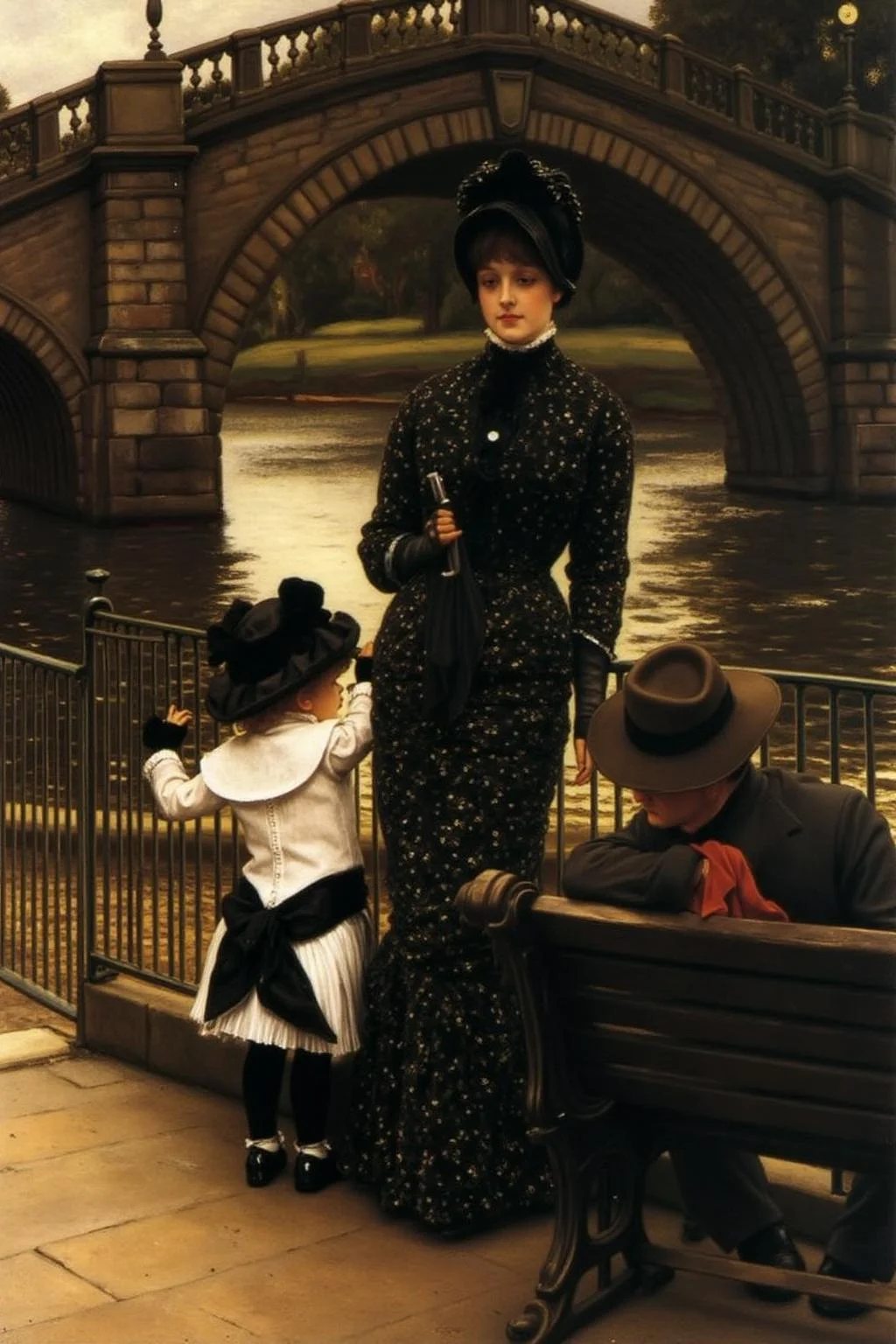jati1 painting
A serene late 19th-century Victorian era riverside setting by the Thames at Richmond. A young woman dressed in an elegant dark-patterned dress stands gracefully near the river, She hold an open umbrealla. A little girl in a white dress with black accents, including a ribbon on her bonnet, reaches toward the iron railing overlooking the water. Nearby, a man in a hat and casual attire sits on a bench. In the background, a stone bridge arches over the gently flowing river, with reflections shimmering on the water's surface. <lora:jati1_cap_d6a3:1.0><lora:817317240031672599:0>