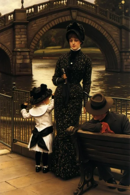 jati1 painting
A serene late 19th-century Victorian era riverside setting by the Thames at Richmond. A young woman dressed in an elegant dark-patterned dress stands gracefully near the river, She hold an open umbrealla. A little girl in a white dress with black accents, including a ribbon on her bonnet, reaches toward the iron railing overlooking the water. Nearby, a man in a hat and casual attire sits on a bench. In the background, a stone bridge arches over the gently flowing river, with reflections shimmering on the water's surface. <lora:jati1_cap_d6a3:1.0><lora:817317240031672599:0>