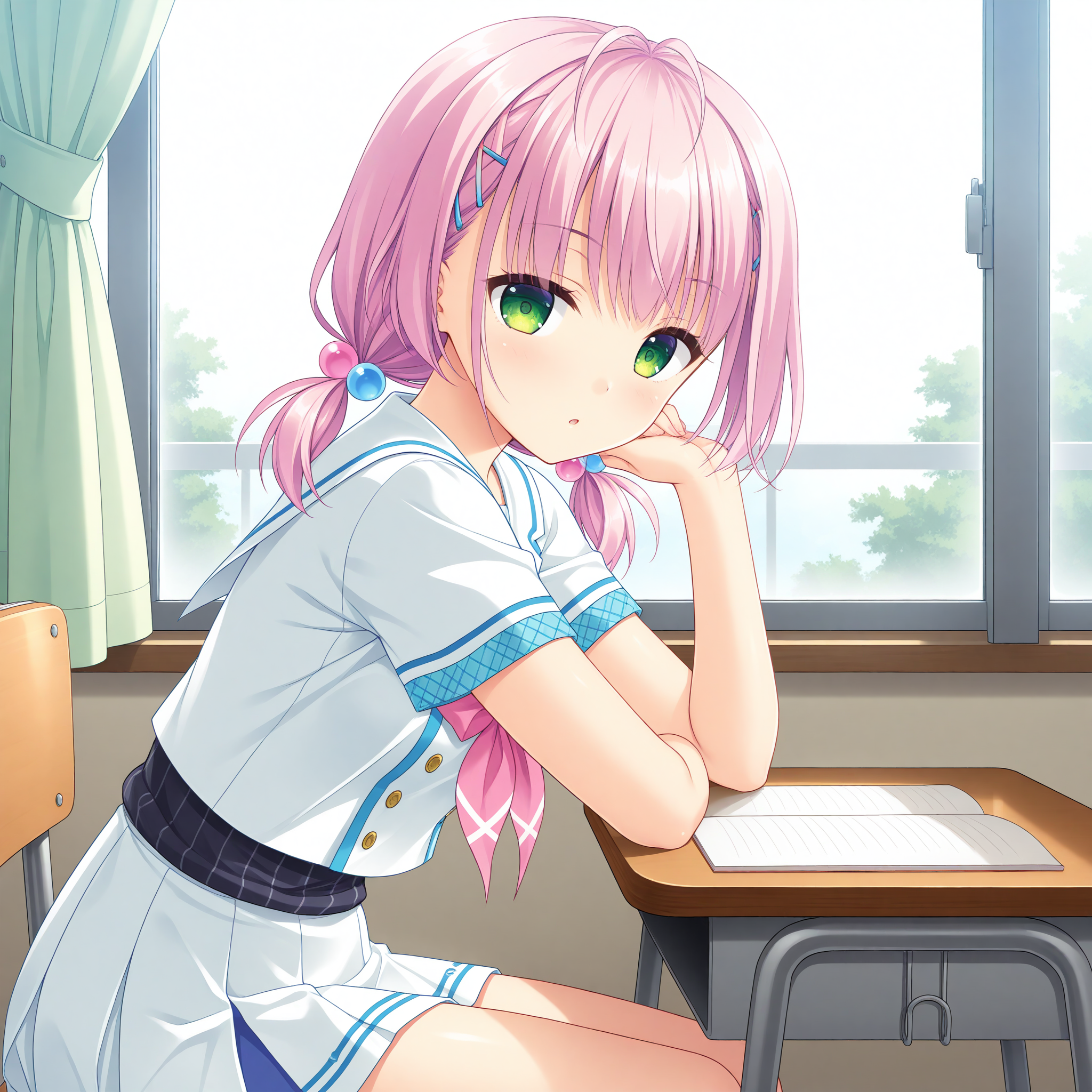 <lora:Hijiri_Kikka_1_nai-000019:1>,Hijiri Kikka,
low twintails,hair ornament,hair beads,hairclip,hair bobbles,school uniform,short sleeves,pleated skirt,white skirt,miniskirt,white sailor collar,white shirt,serafuku,pink bow,
BREAK
1girl,solo,looking at viewer,sitting,from side,arm support,on chair,desk,indoors,window,curtains,day,arm on table,