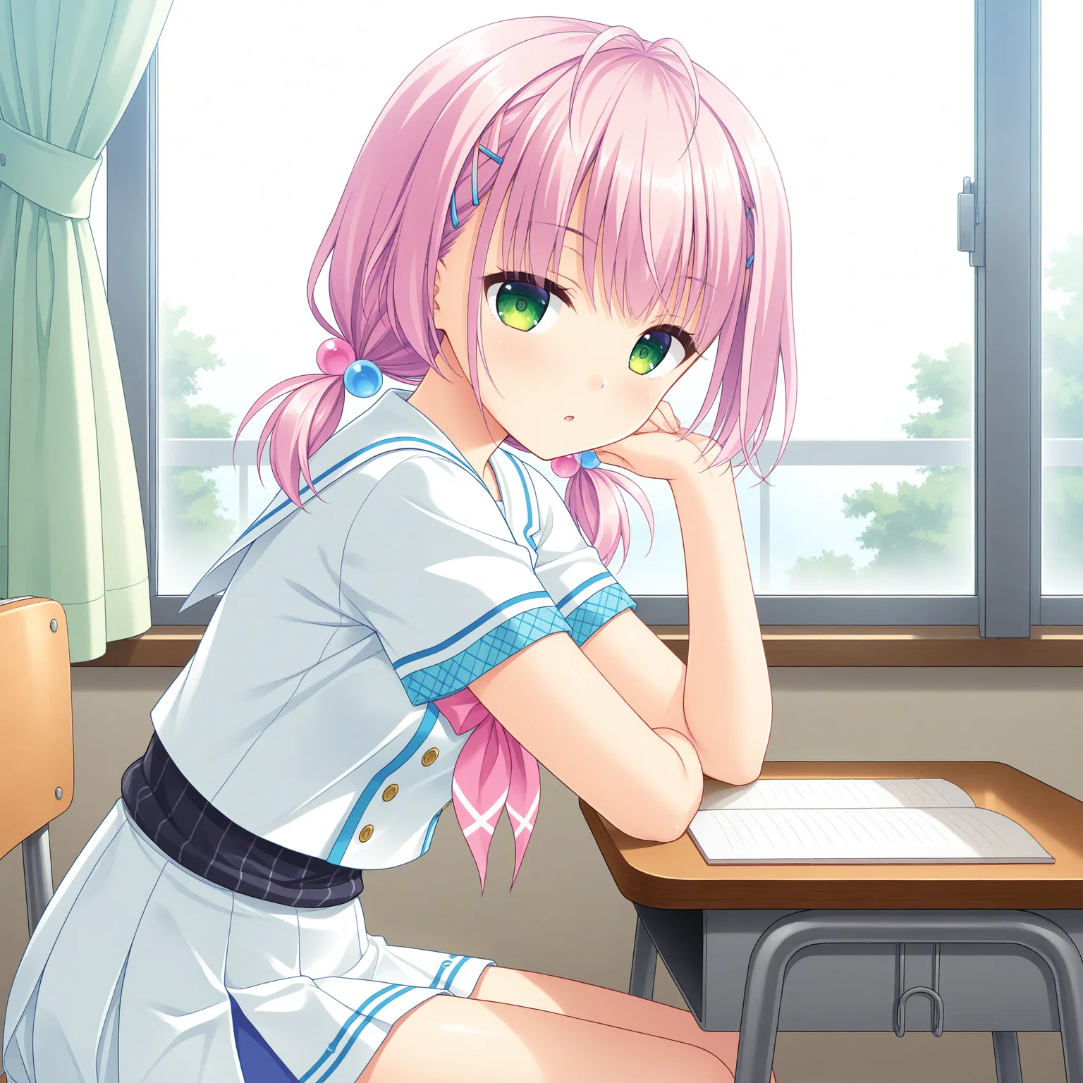 <lora:Hijiri_Kikka_1_nai-000019:1>,Hijiri Kikka,
low twintails,hair ornament,hair beads,hairclip,hair bobbles,school uniform,short sleeves,pleated skirt,white skirt,miniskirt,white sailor collar,white shirt,serafuku,pink bow,
BREAK
1girl,solo,looking at viewer,sitting,from side,arm support,on chair,desk,indoors,window,curtains,day,arm on table,