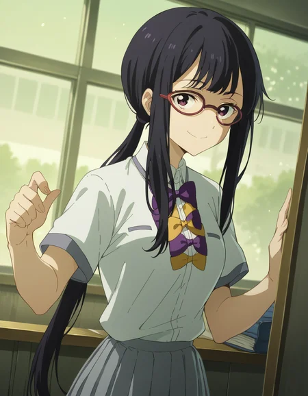 score_9, score_8_up, score_7_up, source_anime, <lora:koto-tsukinoko-alpha-ponyxl-lora-nochekaiser:1>, koto tsukinoko, long hair, bangs, black hair, purple eyes, sidelocks, glasses, low-tied ponytail,, skirt, shirt, bow, school uniform, white shirt, short sleeves, pleated skirt, bowtie, yellow bow, grey skirt, yellow bowtie, purple bow, purple bowtie,, indoors, smile, looking at viewer, solo,, cowboy shot, dutch angle