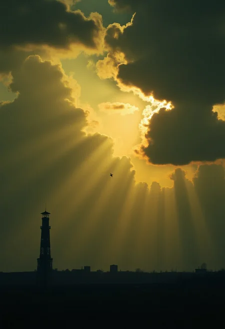 Dim, moody weather with grainy atmosphere, soft golden sun rays piercing through a hole in overcast clouds, diffused warmly across the sky; a flock of birds soaring within the golden light, cinematic ambiance, soft focus, ethereal tone