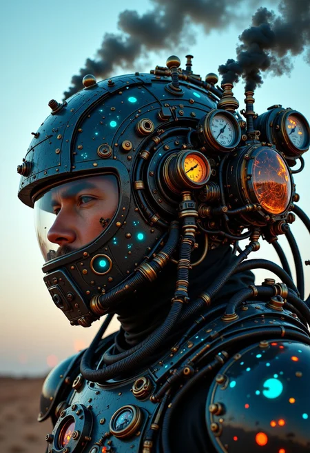 A detailed portrait of a steampunk-style helmet worn on a person's head, crafted with vintage mechanical elements and technological components. The helmet features a translucent glass visor multiple vintage mechanical gauges with numbered dials, and a network of technical hoses and wires interconnected across its surface. A small, intricate steam engine is mounted on the side, releasing black steam into the air. The helmet's exterior displays ornate Victorian-era mechanical designs and is reinforced with armored plating, creating a rugged appearance. The scene is set against a sunlit desert backdrop filled with rising smoke and dust particles. The entire image exhibits a distinctive pixel-based, voxel-style construction with glitching effects, where the solid forms appear to break apart into geometric dots and shapes. A ethereal neon-mist in white surrounds the helmet, while neon blue accent colors punctuate the predominantly monochromatic composition. High-contrast digital photography combines pixel art and voxel rendering techniques with cinematic lighting. cpstyle01