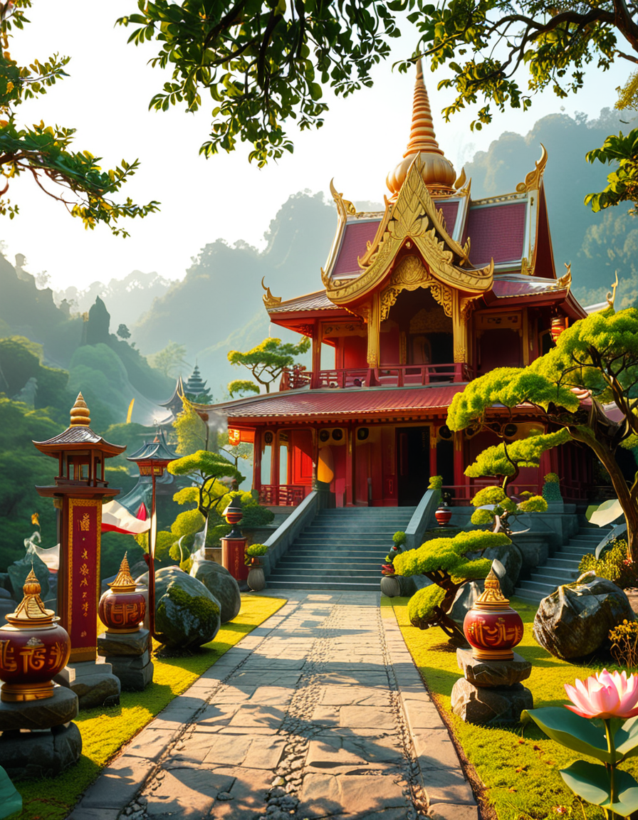 A majestic Buddhist temple nestled in a lush, misty mountain landscape. The temple features traditional curved rooftops with golden ornaments, intricate wooden carvings, and red and gold-painted walls. Large prayer flags in vibrant colors flutter in the wind, adding a spiritual atmosphere. A long stone staircase, partially covered in moss, leads to the main entrance, where a pair of large guardian statues stand watch. The scene is bathed in soft morning light, with gentle rays filtering through the mist, creating a serene and mystical ambiance. The background consists of towering green mountains and a sky with soft pastel hues. In the foreground, a Buddhist monk in deep orange robes walks peacefully along a stone pathway, holding a string of prayer beads. The overall composition conveys a sense of tranquility, spirituality, and harmony with nature.
<lora:SDXLFaeTastic2400:0.4> <lora:extremely_detailed:0.4> extremely detailed,<lora:Buddhist_t3mpl3:1>,Buddhist t3mpl3, Masterpiece,best quality,hi res,8k,hi res,8k,award winning,(sharp focus, intricate, highly detailed),