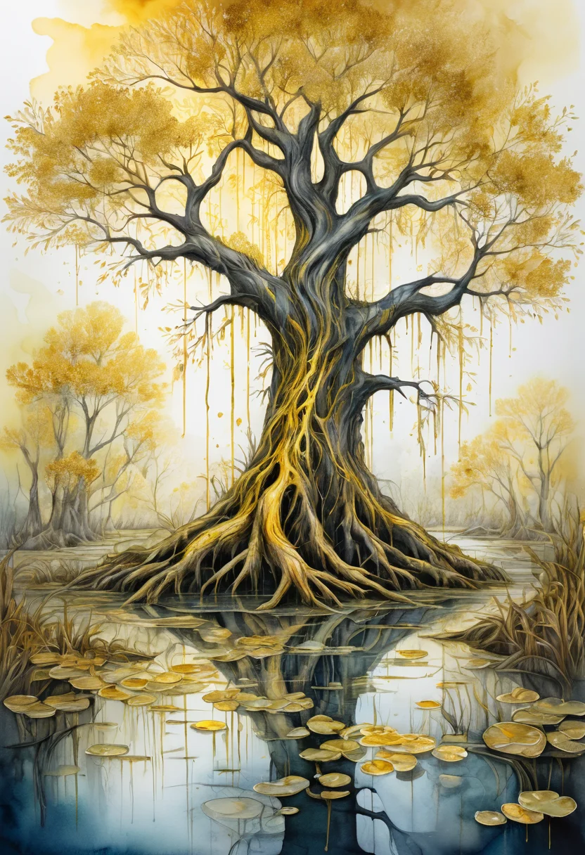 a tree in a swamp, a tree shedding its leaves in a cascade of gold, <lora:Artfully_TREES2-000003:0.6>, with intricate line work, painted in watercolor, depth map, using alcohol ink techniques, professional drawing, accented with metallic sheen masterpiece, detailed, best quality, absurd resolution uhd, 8k,