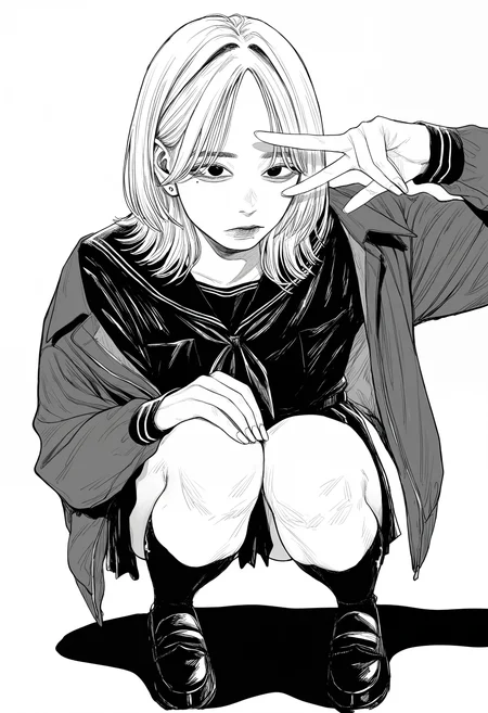1girl, solo, medium hair, grey hair, parted bangs, hair intakes, black eyes, stud earrings,
black serafuku, grey shirt, dress shirt, grey jacket, long sleeves, black socks, black footwear,
squatting, hand on own knee, v over eye,
masterpiece, best quality, amazing quality, absurdres, newest, monochrome, greyscale, realistic,
<lora:owk_bsh_yy:0.8>