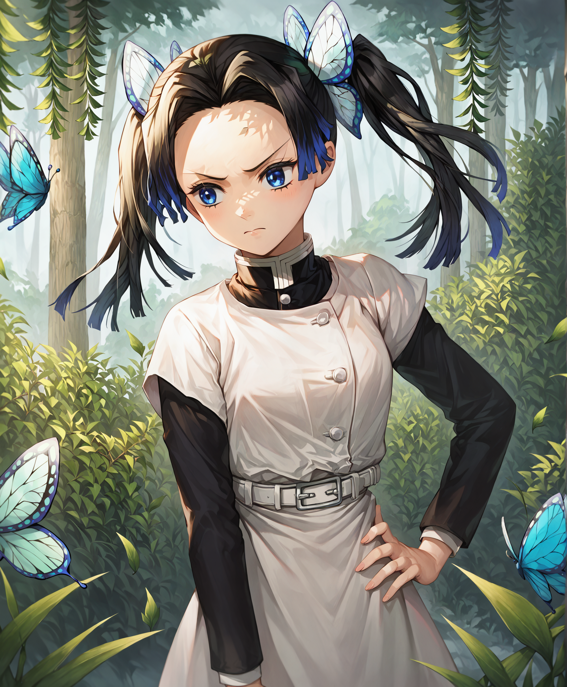 score_9, score_8_up, score_7_up, highres, hi res, best quality, masterpiece, 2d, intricate details, 4k, anime coloring, shadow, uncensored,
1girl, solo, female, blue eyes, black hair, hair ornament, side ponytail, parted bangs, v-shaped eyebrows, forehead, butterfly hair ornament,
long sleeves, dress, jacket, short sleeves, apron, layered sleeves, short over long sleeves, demon slayer uniform,
looking at another,
outdoors, forest, bushes, branches, foliage, kanzaki aoi \(kimetsu no yaiba\), kimetsu no yaiba, <lora:KanzakiAoi1024_Pony:1>
