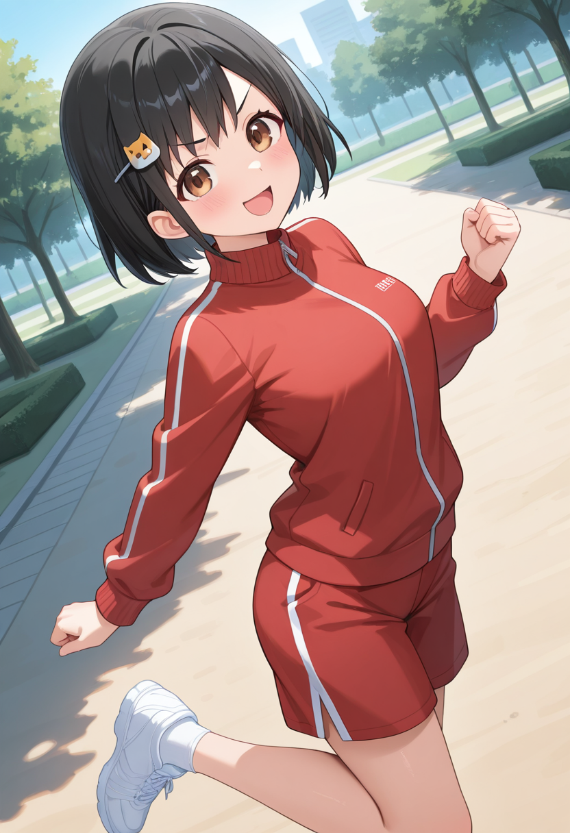 1girl,solo,<lora:minaeil:0.9>,ono_minae,brown eyes,black hair,short hair,hairclip,dog hair ornament,hair ornament,gym shorts,red shorts,track jacket,red jacket,long sleeves,looking_at_viewer,from_side,dynamic_angle,smile,open mouth,v-shaped eyebrows,day,park,clenched hands,standing_on_one_leg,incredibly absurdres,masterpiece,best quality,good quality,newest,