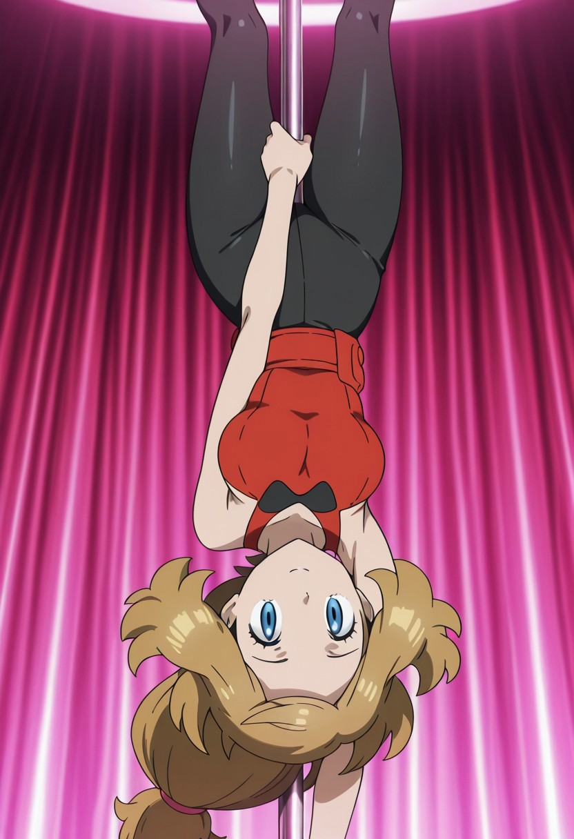 Pole_Dancing_Upside_Down,serena(pokemon),blonde hair,blue eyes,anime screencap,masterpiece,amazing quality,best quality