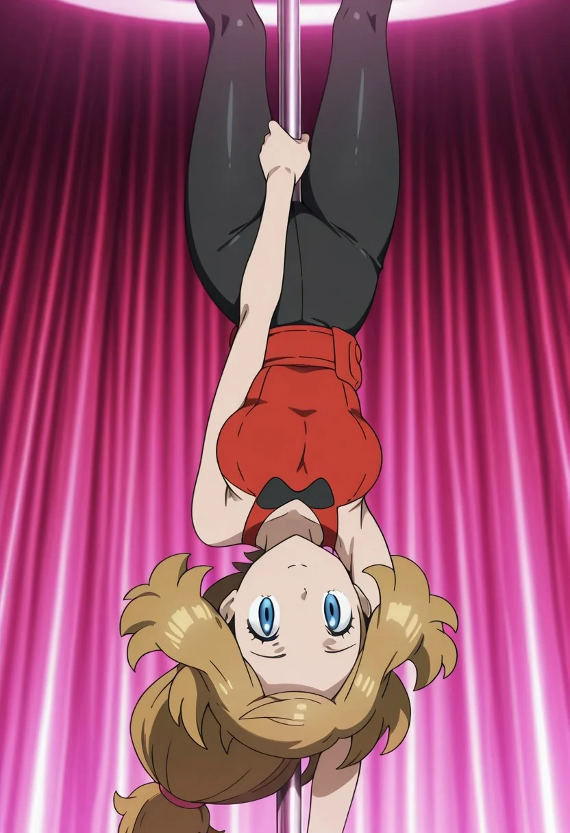 Pole_Dancing_Upside_Down,serena(pokemon),blonde hair,blue eyes,anime screencap,masterpiece,amazing quality,best quality