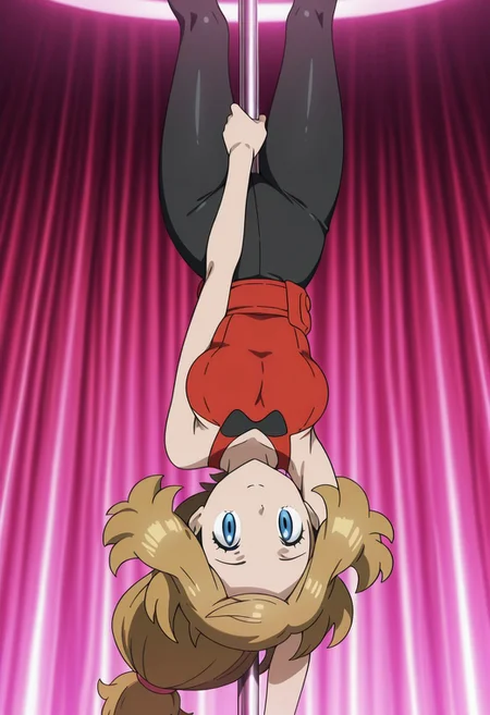 Pole_Dancing_Upside_Down,serena(pokemon),blonde hair,blue eyes,anime screencap,masterpiece,amazing quality,best quality