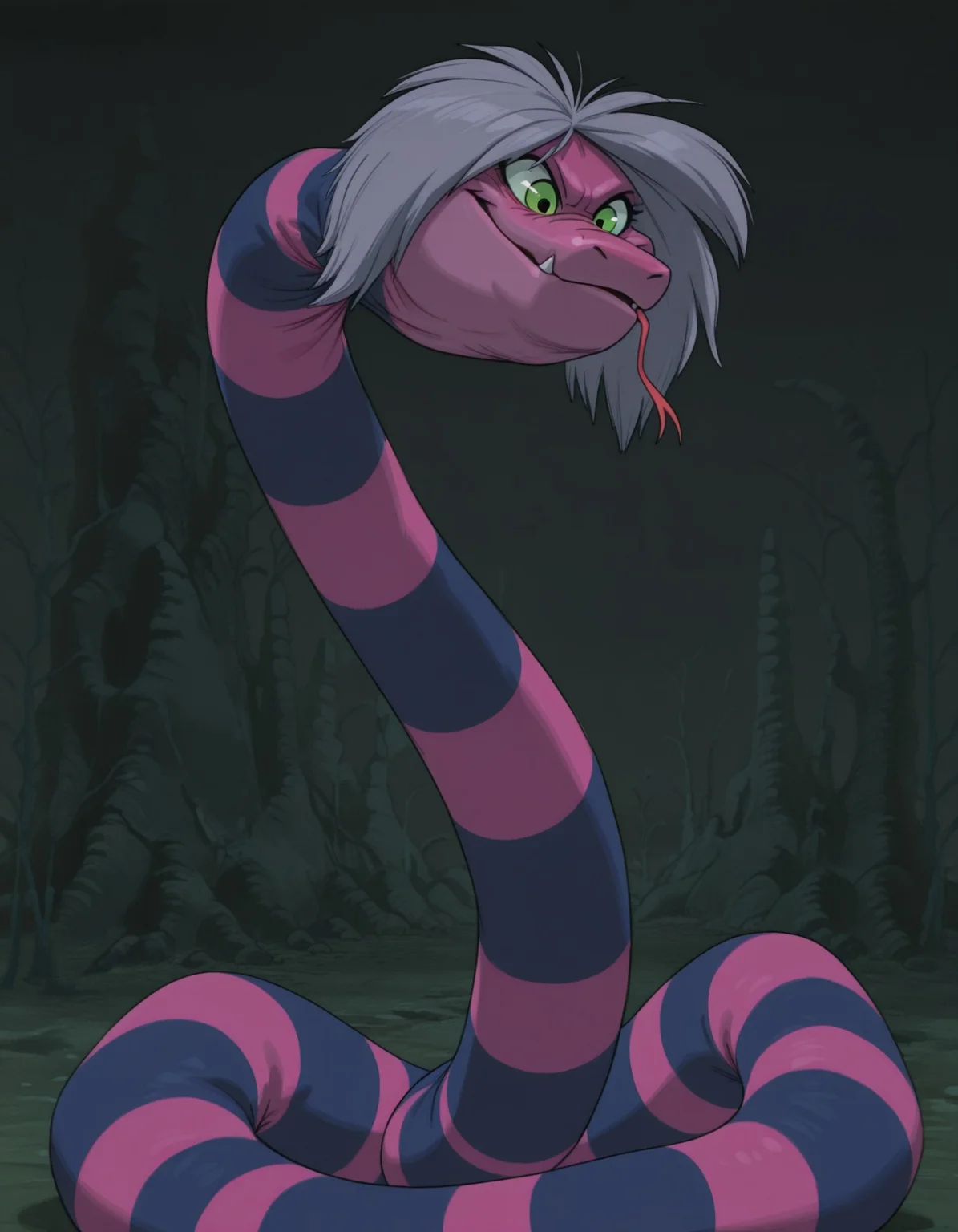 smooth quality, masterpiece, very intricate, high quality details, ultra realistic, high detailed skin, detailed environment, absurdres, solo, simple background, black background, color drain, erosrattlesnakemadammim, snake, striped body, purple and pink stripes, green eyes, grey hair, fangs, smile, animal, solo, (from below)