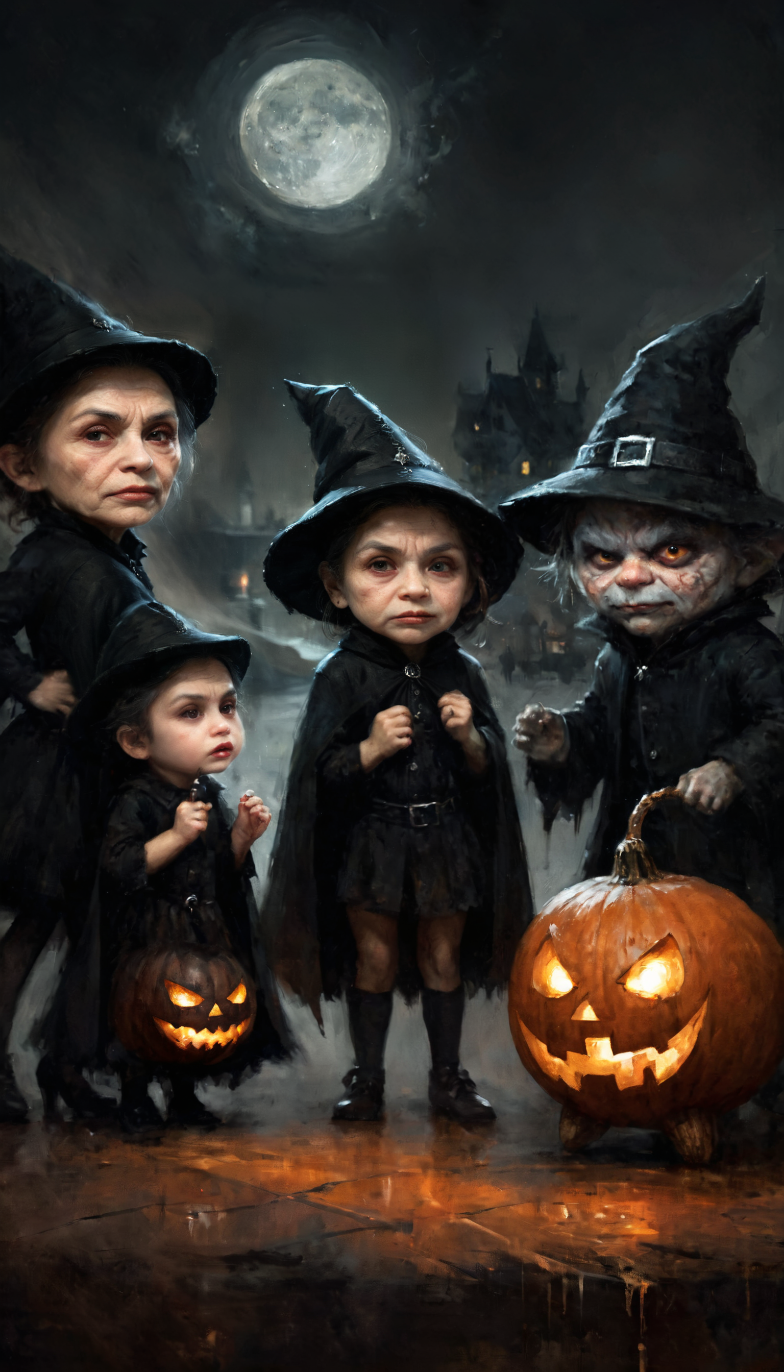 This digital illustration captures the essence of Halloween, ,closeup Meeting of cute terrible creepy monsters in a spooky night, a witch, a werewolf and a vampire dance around a halloween fire  ,closeup of a cute terrible creepy monsters, spooky night, witch, werewolf, vampire  ,non-representational, colors and shapes, expression of feelings, imaginative, highly detailed  . Mixture of watercolors and ink drawing style of Casey Baugh, an award-winning painting  (in the style of Richard Scarry),