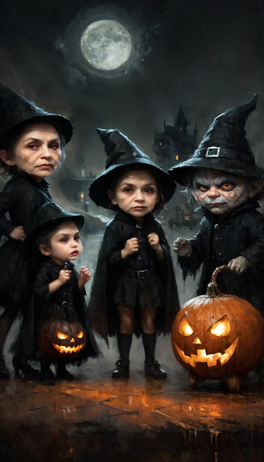 This digital illustration captures the essence of Halloween, ,closeup Meeting of cute terrible creepy monsters in a spooky night, a witch, a werewolf and a vampire dance around a halloween fire ,closeup of a cute terrible creepy monsters, spooky night, witch, werewolf, vampire ,non-representational, colors and shapes, expression of feelings, imaginative, highly detailed . Mixture of watercolors and ink drawing style of Casey Baugh, an award-winning painting (in the style of Richard Scarry),