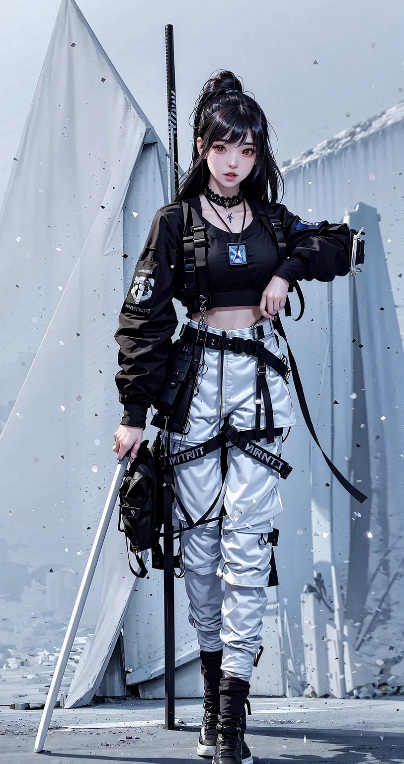 ulzzang-6500, (original: 1.2), (far shot), (realistic: 1.3) (mixed Korean), masterpiece, best quality, beautiful clean face, fullbody, 1girl, (with cat-ears on head), fur, wearing black techwear jacket and trousers with buckle and tape, ((a crystal necklace)), carrying a big backpack, posing for a picture, (side ponytail with cobalt highlights), long legs, holding one katana, big happy warm smile, a huge cross sculpture behind <lora:urbansamuraiv3testing:0.9> <lora:Chilloutmixni_LoraKoreandolllikeness:0.2>