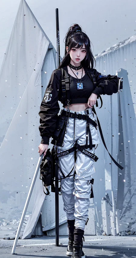 ulzzang-6500, (original: 1.2), (far shot), (realistic: 1.3) (mixed Korean), masterpiece, best quality, beautiful clean face, fullbody, 1girl, (with cat-ears on head), fur, wearing black techwear jacket and trousers with buckle and tape, ((a crystal necklace)), carrying a big backpack, posing for a picture, (side ponytail with cobalt highlights), long legs, holding one katana, big happy warm smile, a huge cross sculpture behind <lora:urbansamuraiv3testing:0.9> <lora:Chilloutmixni_LoraKoreandolllikeness:0.2>