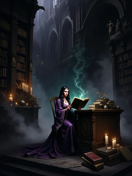 an atmospheric, highly detailed fantasy painting in the style of 17th-century oil paintings, featuring rich textures and deep shadows, inspired by classic depictions of arcane knowledge and mystical settings, 
a vertical shot capturing a beautiful sorceress, seated in an ornate, gothic-style library illuminated by the dim glow of flickering candles, she is surrounded by towering bookshelves filled with ancient tomes, alchemical ingredients, and mystical artifacts, in the center of the scene, she is deeply absorbed in reading from a mysterious, glowing grimoire resting on a heavy wooden lectern, arcane symbols glow faintly in the air around her, as if alive, in the foreground, a stack of books stands on the dark, polished stone floor, partially illuminated by the candlelight, the wooden lectern is intricately carved with magical runes and symbols, its surface worn from centuries of use, in the background, the towering bookshelves stretch up toward the high, vaulted ceiling, a faint mist hovers near the floor, adding to the eerie, arcane atmosphere, the farthest shelves are barely visible in the darkness, the sorceress is leaning slightly forward, her delicate fingers brushing over the ancient text, her eyes glow faintly, her focused expression suggests she is unraveling powerful knowledge, the energy from the grimoire subtly illuminates her face, casting her in an ethereal glow, the sorceress is beautiful and mysterious, with long flowing silky dark hair cascading down her back, her deep violet robe is adorned with silver embroidery and lined with runes that shimmer faintly, she wears an intricate amulet around her neck, her eyes are sharp and intelligent and glow with otherworldly power, her lips are slightly parted as she mouths the words of the spell, the vertical format allows for a detailed view of the towering bookshelves and high, arched ceiling, adding to the grandeur of the setting, the camera is at eye level with the sorceress, the angle is slightly tilted upward, capturing the grand, mystical atmosphere of the library, the lighting is soft, primarily from the flickering candles and the glowing grimoire, deep shadows create a sense of mystery, the ambient glow of magical symbols in the air adds a subtle otherworldly quality, the rich color palette includes deep purples, teal, golds, and dark browns, contributing to the arcane setting, the image is rendered with meticulous brushstrokes and attention to detail, the texture of the scene is rich, evoking the look of classic oil paintings, the soft, ethereal lighting contrasts with the deep shadows, enhancing the mystical atmosphere, d4artstyle, d4concept, <lora:image_enhancer-flux-by_dever:0.8> <lora:style-diablo_iv_concept_art-flux-by_chronoknight:0.6>