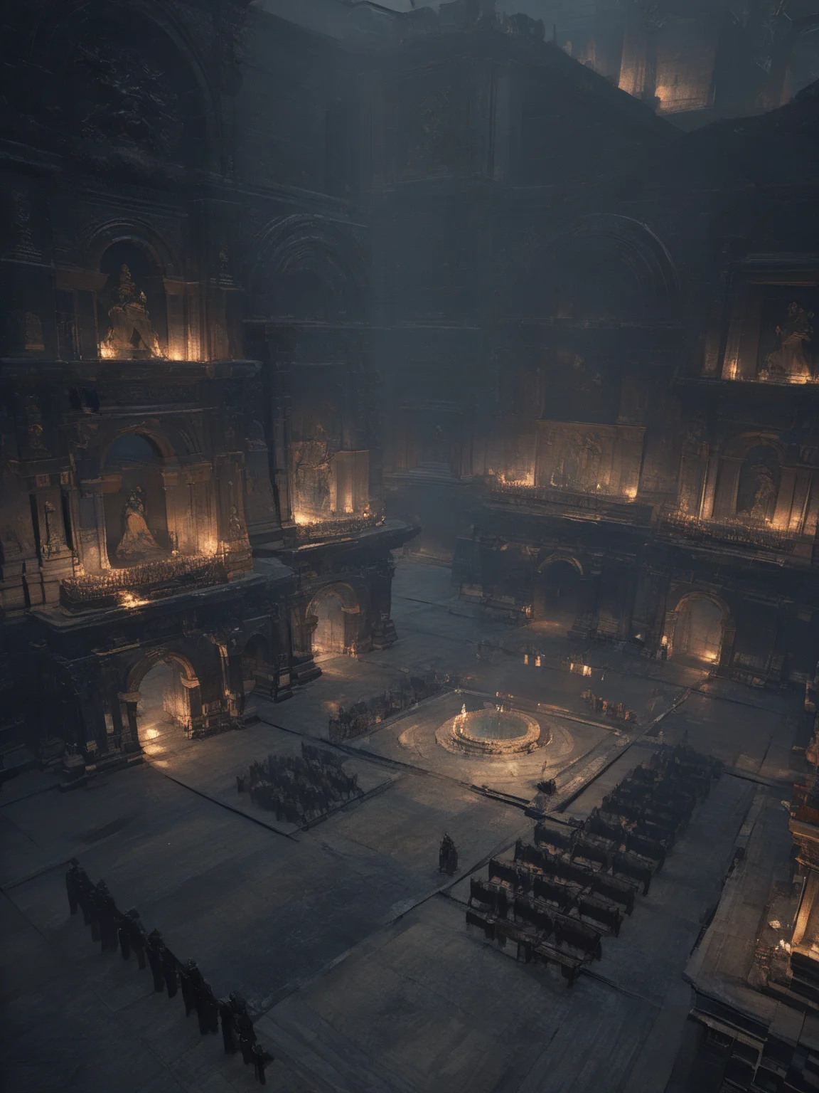 score_9, score_8_up, score_7_up, Fighting scene, shot from above, looking up against all odds, woman, pale skin, large breasts, lace-up cords, corset, black combat boots, Long white hair, young face, <lora:Dark_Souls_III_Cathedral_of_the_Deep_Style_Background_r1:1> CotDeep, A temple hall, arrayed on the altar of sacrifice, in quiet repose, floating candles of red wax ensconced alight,highly detailed