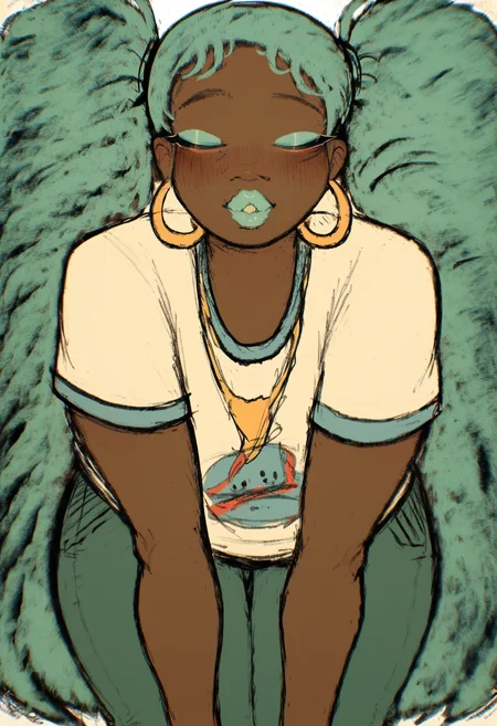 score_9, score_8_up, score_7_up, score_6_up, score_5_up, score_4_up, BREAK
1girl, dark-skinned female, dark skin, very dark skin, jewelry, solo, hoop earrings, shirt, closed eyes, earrings, blue lips, blush, aqua hair, incoming kiss, necklace, pants, long hair, short sleeves, makeup, very long hair, white shirt, facing viewer, green lips, pov, twintails, t-shirt, print shirt, all fours, lipstick, blue pants, blue eyeshadow, hatsune miku, eyeshadow, blue hair
 <lora:sadsasen:1>