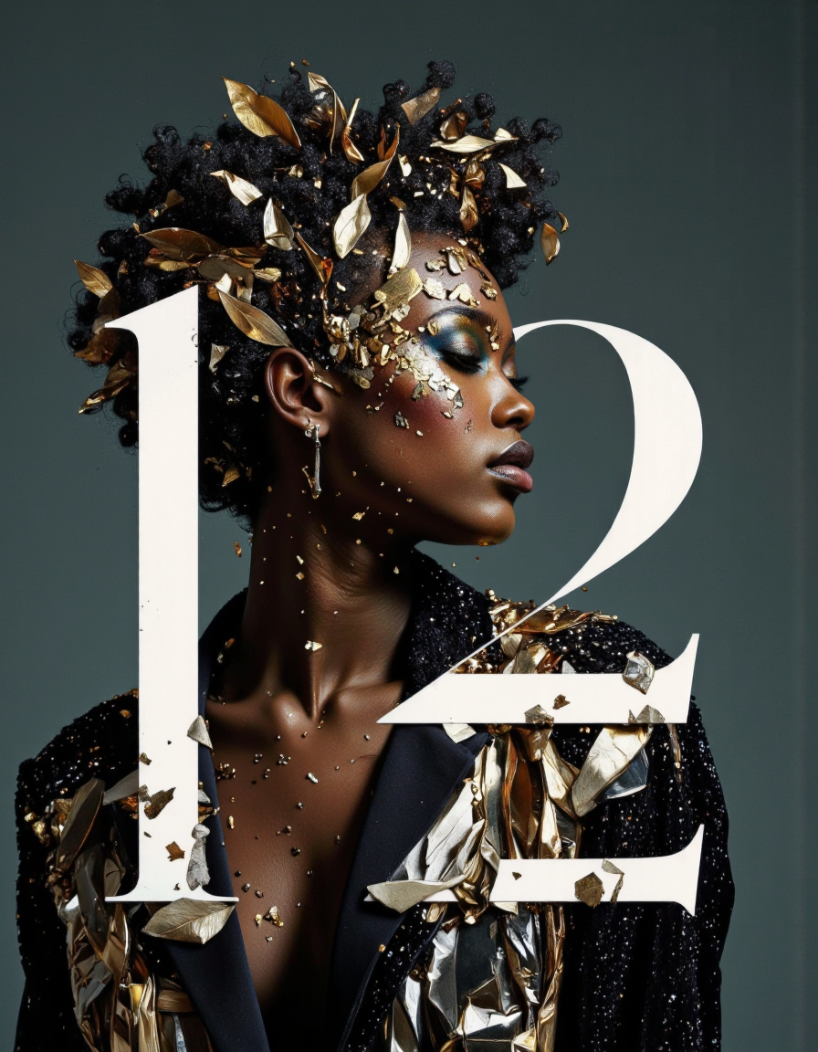 By Tom Nulens. A digitally created artwork featuring a stylized portrait of a woman with dark skin. The woman is positioned in profile, facing to the right, with her eyes closed and her head tilted slightly upwards. Her hair is voluminous, styled into a natural afro, and adorned with metallic gold and bronze leaves, creating a striking contrast against her dark skin. She wears a black, sequined jacket that reflects light, adding a shimmering texture to her appearance.
The background is a dark, muted tone, likely a deep blue or green, which enhances the contrast of the woman's figure. The number "1" and "2" are prominently displayed in a bold, white font, positioned on either side of the woman's body. The numbers are partially obscured by her figure, with the "1" on the left side and the "2" on the right, creating a sense of depth and dimension. The numbers are also adorned with metallic fragments and gold leaves, blending seamlessly with the woman's hair and jacket.
The overall style of the artwork is contemporary, blending elements of digital art and photography to create a surreal, almost ethereal atmosphere. The metallic elements and the contrasting textures add a sense of luxury <lora:Tom_Nulens:0.8045440673828125>