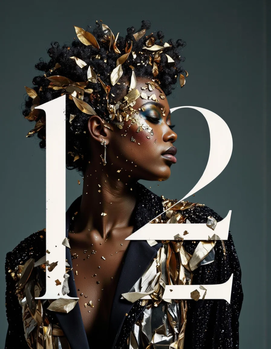 By Tom Nulens. A digitally created artwork featuring a stylized portrait of a woman with dark skin. The woman is positioned in profile, facing to the right, with her eyes closed and her head tilted slightly upwards. Her hair is voluminous, styled into a natural afro, and adorned with metallic gold and bronze leaves, creating a striking contrast against her dark skin. She wears a black, sequined jacket that reflects light, adding a shimmering texture to her appearance.
The background is a dark, muted tone, likely a deep blue or green, which enhances the contrast of the woman's figure. The number "1" and "2" are prominently displayed in a bold, white font, positioned on either side of the woman's body. The numbers are partially obscured by her figure, with the "1" on the left side and the "2" on the right, creating a sense of depth and dimension. The numbers are also adorned with metallic fragments and gold leaves, blending seamlessly with the woman's hair and jacket.
The overall style of the artwork is contemporary, blending elements of digital art and photography to create a surreal, almost ethereal atmosphere. The metallic elements and the contrasting textures add a sense of luxury <lora:Tom_Nulens:0.8045440673828125>