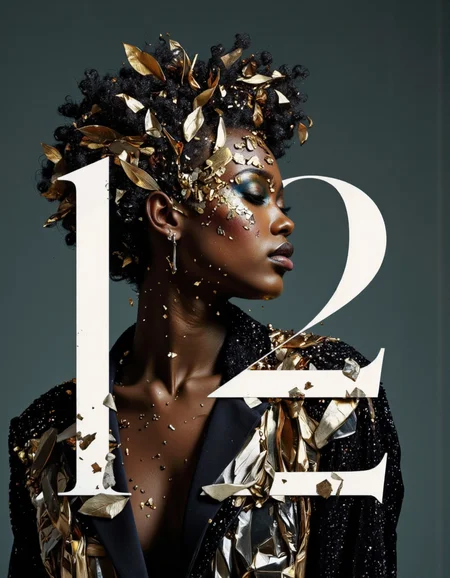 By Tom Nulens. A digitally created artwork featuring a stylized portrait of a woman with dark skin. The woman is positioned in profile, facing to the right, with her eyes closed and her head tilted slightly upwards. Her hair is voluminous, styled into a natural afro, and adorned with metallic gold and bronze leaves, creating a striking contrast against her dark skin. She wears a black, sequined jacket that reflects light, adding a shimmering texture to her appearance.
The background is a dark, muted tone, likely a deep blue or green, which enhances the contrast of the woman's figure. The number "1" and "2" are prominently displayed in a bold, white font, positioned on either side of the woman's body. The numbers are partially obscured by her figure, with the "1" on the left side and the "2" on the right, creating a sense of depth and dimension. The numbers are also adorned with metallic fragments and gold leaves, blending seamlessly with the woman's hair and jacket.
The overall style of the artwork is contemporary, blending elements of digital art and photography to create a surreal, almost ethereal atmosphere. The metallic elements and the contrasting textures add a sense of luxury <lora:Tom_Nulens:0.8045440673828125>