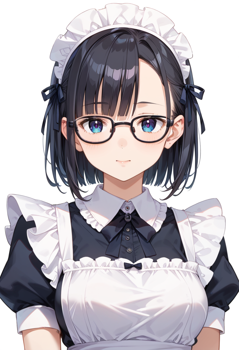 score_9, score_8_up, score_7_up, rating_safe, masterpiece, best quality, absurdres, unity 8k wallpaper, official art, official style, source_anime, uncensored, game cg, megami magazine,
1girl, solo, black hair, medium hair, upper body, covered eyes,maid, maid headdress, black dress, maid apron, face focus,
oval_metal, glasses, still life, white background, simple background, black-framed eyewear,
 <lora:glasses_OvalMetal1_PONY_V1:1>