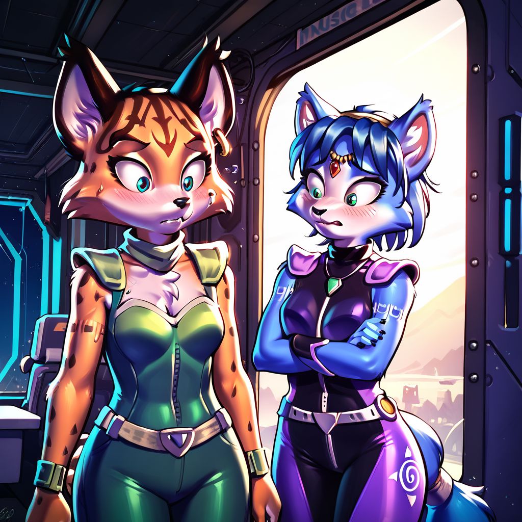 score_9, score_8_up, score_7_up, score_6_up, Krystal_StarFox, Miyu Swift, duo, (nervous), worried, standing, biped, anthro, 2girls, curvy, clothed, awkward, high quality, detailed, great lighting, beautiful, masterpiece, 4k, frown, side by side,zPDXL2