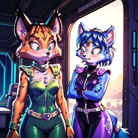 score_9, score_8_up, score_7_up, score_6_up, Krystal_StarFox, Miyu Swift, duo, (nervous), worried, standing, biped, anthro, 2girls, curvy, clothed, awkward, high quality, detailed, great lighting, beautiful, masterpiece, 4k, frown, side by side,zPDXL2