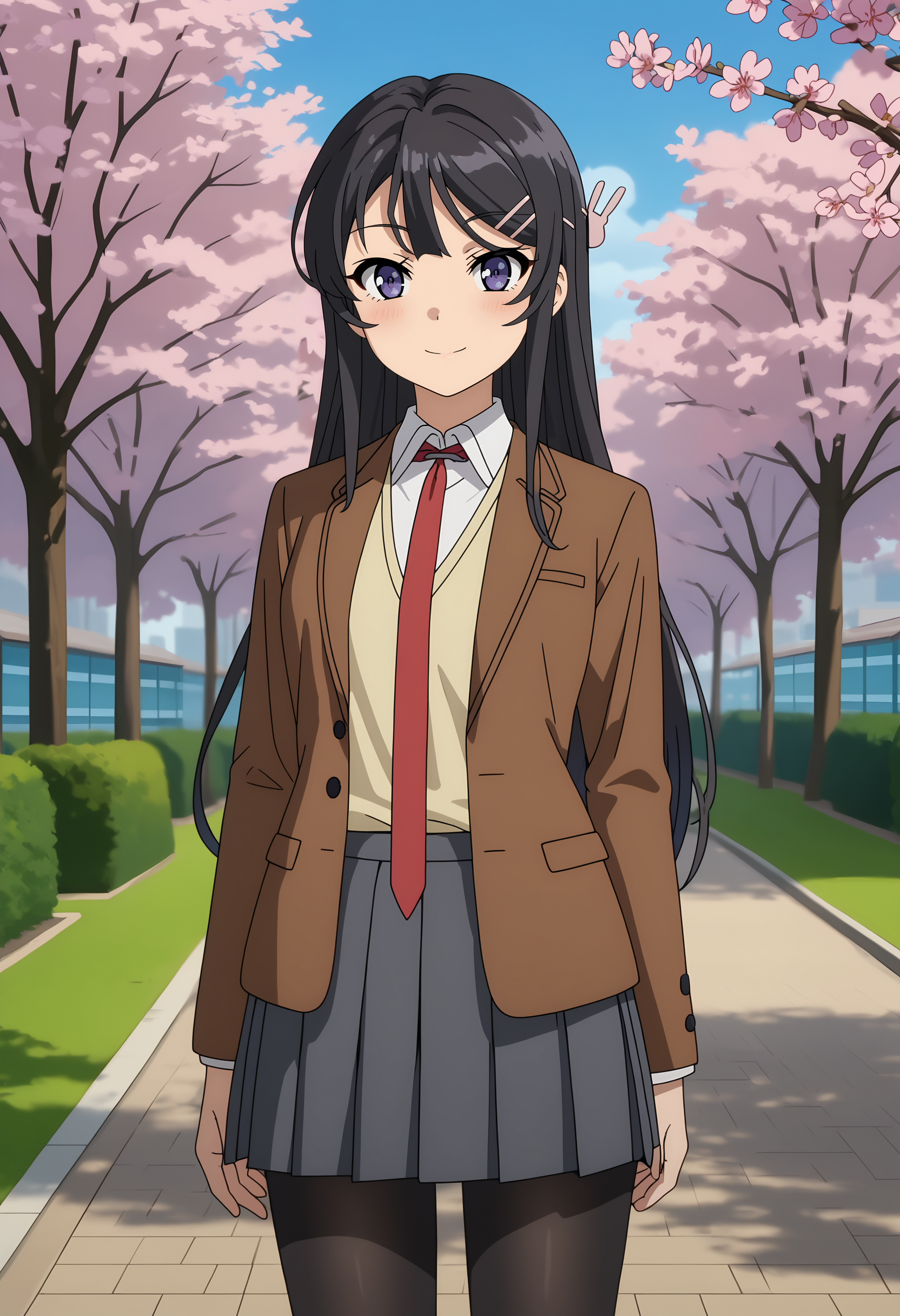 score_7_up, anime screencap, anime coloring,
<lora:SeishunButaYarou_SakurajimaMaiXL:0.8>,
1girl, solo, closed mouth, light smile, light blush,
long hair, black hair, purple eyes, hairclip, rabbit hair ornament,
MaiSchool, blazer, open jacket, brown jacket, yellow vest, white shirt, long sleeves, red necktie, pleated skirt, grey skirt, black pantyhose,
thigh gap, standing, looking at viewer, cowboy shot,
blurry background, outdoors, park, blue sky, cherry blossoms