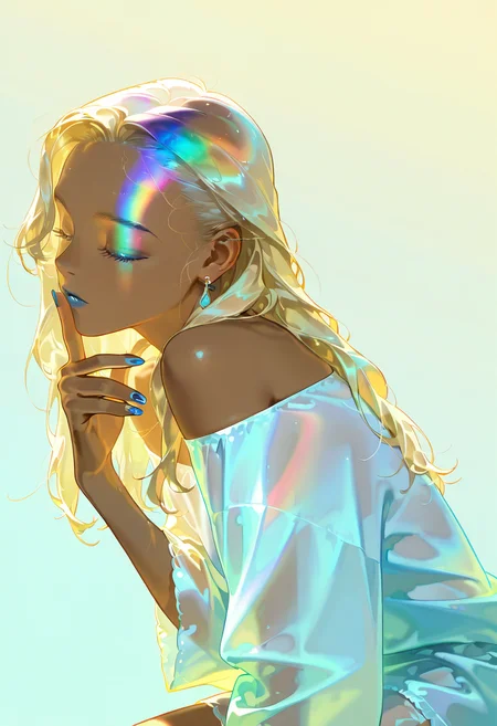 prism light, 1girl, dark skin, solo, bare shoulders, closed eyes, off shoulder, blue nails, long hair, nail polish, rainbow