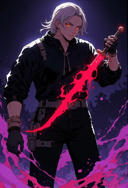 A dynamic and intense anime-style illustration featuring a colossal Dragon Samurai. The character towering and muscular, with long white hair tied in a ponytail, and glowing yellow eyes that pierce the darkness. He holds a katana in front of his face, the blade intricately etched with a red glowing dragon that seems to writhe and swirl along its length. Abstract splashes of purple and white energy swirl around, creating a sense of motion and raw power. The overall composition is dramatic, with sharp, angular lines and bold contrasts between the dark background and the vivid purple and white accents. The style is inspired by high-energy action scenes in manga or anime, with an emphasis on minimalistic colors and a high-impact, modern aesthetic. The atmosphere is dark, electrifying, and filled with a sense of impending action.