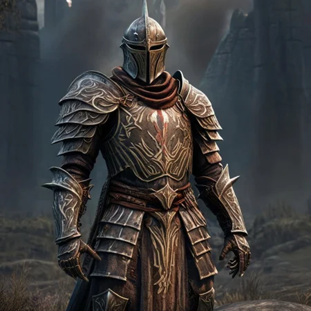 a daedrick knight from The Elder Scrolls stands in the middle of the frame, high detail, daedra, demonic armor, the elder scrolls,