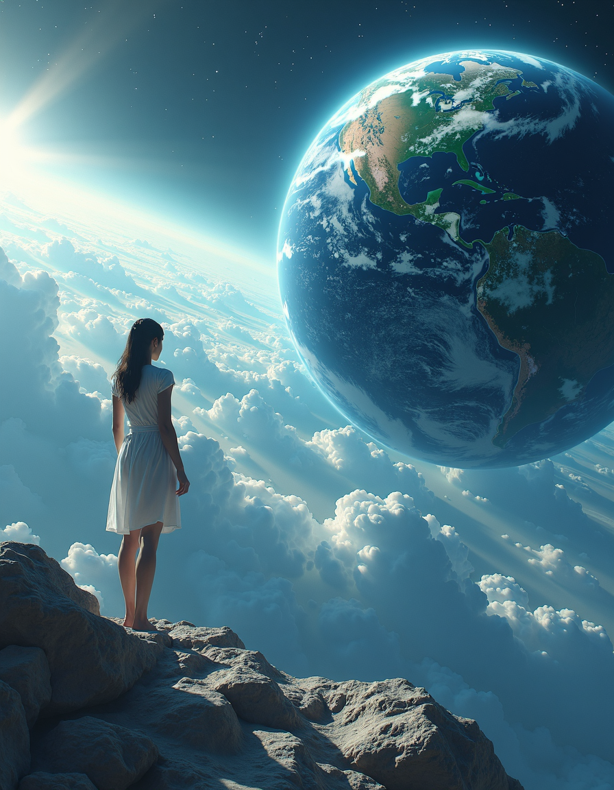 A hyper-realistic digital artwork depicting a woman, a race-themed planet, and an infinite fractal horizon. The piece is a meticulous rendering of the vastness of space, with a bright light from the left, illuminating the scene, highlighting the dynamic interaction between the woman and the planet. The background, a deep blue ocean of whites and grays, adds depth to the scene.