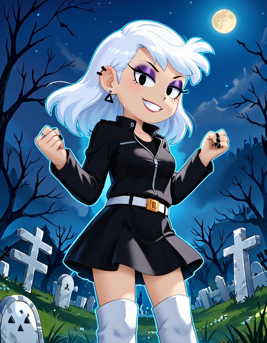 score_9, score_8_up, score_7_up, masterpiece, best quality, newest, absurdres, highres, amazing quality, colorful, 
masterpiece, best quality, absurdres, newest, very aesthetic, amazing quality,highres,sensitive, absurdres, high resolution, ultra detailed, perfect details,
source_cartoon,   toon (style), (cartoon:1.0), source_carton:1.1, rating:safe, dynamic pose, 
detailed,detailed eyes,perfect eyes,detailed,detailed hands,perfect hands,detailed,detailed legs,perfect hands, 1girl, solo, 
<lora:hoshime_style:0.6> , Hoshime_Style,, petite,
<lora:Lupa_Loud_Pony:0.6> ,  Lupa_Loud, full moon, graveyard, white hair, smile, skirt, knee boots, eyeshadow, jewelry, looking at viewer, clenched hand, grin, tombstone, black nails, white footwear, night, ring, belt, ear piercing, black jacket, breasts, outline, black eyes, makeup, standing, fog, black shirt,