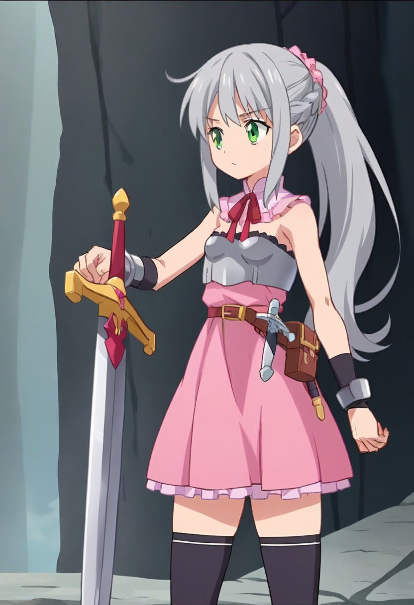 score_9, score_8_up, score_7_up, source_anime, 2D, flat colors, flat shadows, anime_screencap, <lora:lalabidunpony:1>,
1girl, solo, ciellalanciel, grey hair, long hair, ponytail, braid, pink scrunchie, green eyes, pink dress, sleeveless, cleavage, detached collar, neck ribbon, armor, breastplate, arm_guards, black thighhighs, belt,ubw,gears,weapon,sword,planted,planted sword, standing, sword, holding, serious