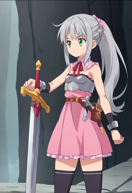 score_9, score_8_up, score_7_up, source_anime, 2D, flat colors, flat shadows, anime_screencap, <lora:lalabidunpony:1>,
1girl, solo, ciellalanciel, grey hair, long hair, ponytail, braid, pink scrunchie, green eyes, pink dress, sleeveless, cleavage, detached collar, neck ribbon, armor, breastplate, arm_guards, black thighhighs, belt,ubw,gears,weapon,sword,planted,planted sword, standing, sword, holding, serious