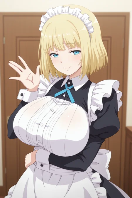 masterpiece, best quality, amazing quality, 1girl, 4r1s4suzum4ru, blonde hair, short hair, blue eyes, big_breasts, maid, maid_costume, indoors, aesthetic, hand on own waist, smile, waving