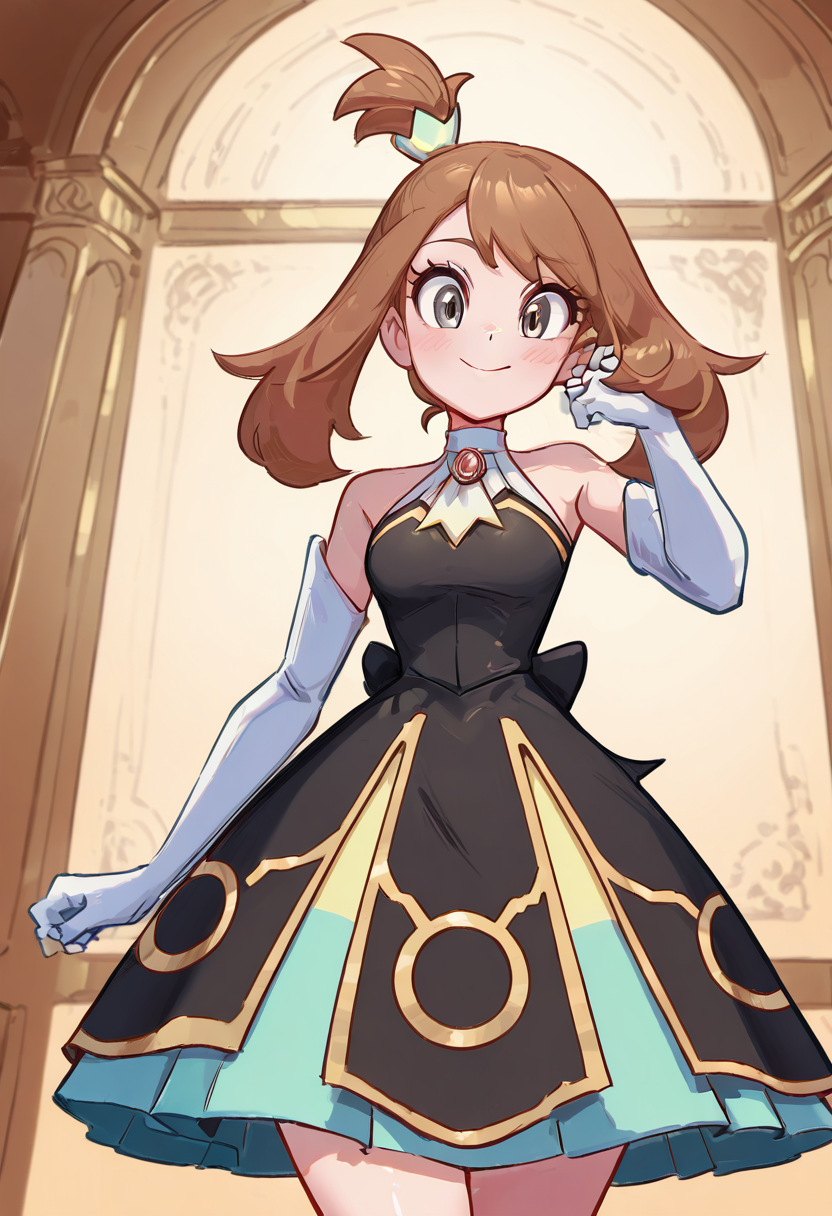 masterpiece, best quality, 1girl, eyelashes, (beautiful eyes), looking at viewer, smile, narrow waist, wide hips,   zzMayCh, grey eyes, brown hair, medium hair, hair ornament, elbow gloves, white gloves, black dress, eyelashes, sleeveless dress, multicolored dress, solo, ballroom background, twirling pose, sparkling lights, elegant atmosphere â Under the glittering chandeliers, zzMayCh twirls gracefully, her multicolored dress flaring out, eyelashes fluttering as she shines in the grandeur of the ballroom. (dynamic pose, foreshortening),  ,<lora:MayChampionPokemon_IXL:1.0>,  , smile, looking at viewer, cowboy shot,  <lora:DiivesIXL:0.8>,
