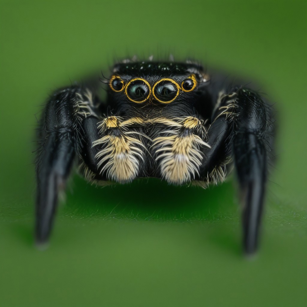 jumping spider, black and yellow, sitting on a green leaf, looking at the viewer