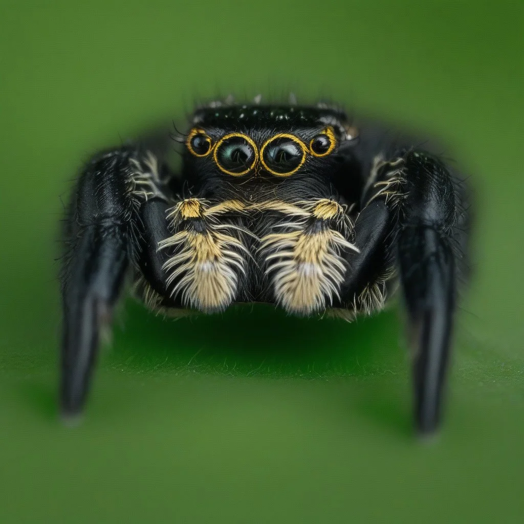 jumping spider, black and yellow, sitting on a green leaf, looking at the viewer